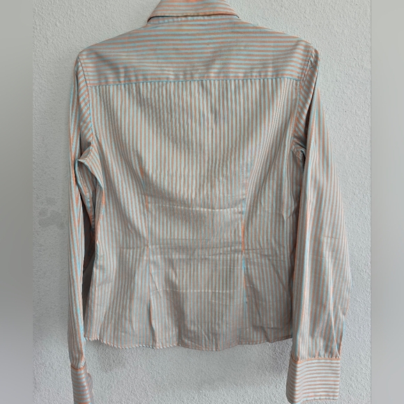 J McLaughlin Button Down Shirt Blue Orange Stripe Ruffle Front Cotton Sz 4 - Picture 12 of 12